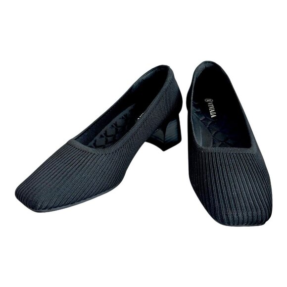 VIVAIA Women’s Black Ribbed Canvas Square-Toe Chunky Heel Pumps Size 5.5-6/ EU36 - Picture 2 of 9